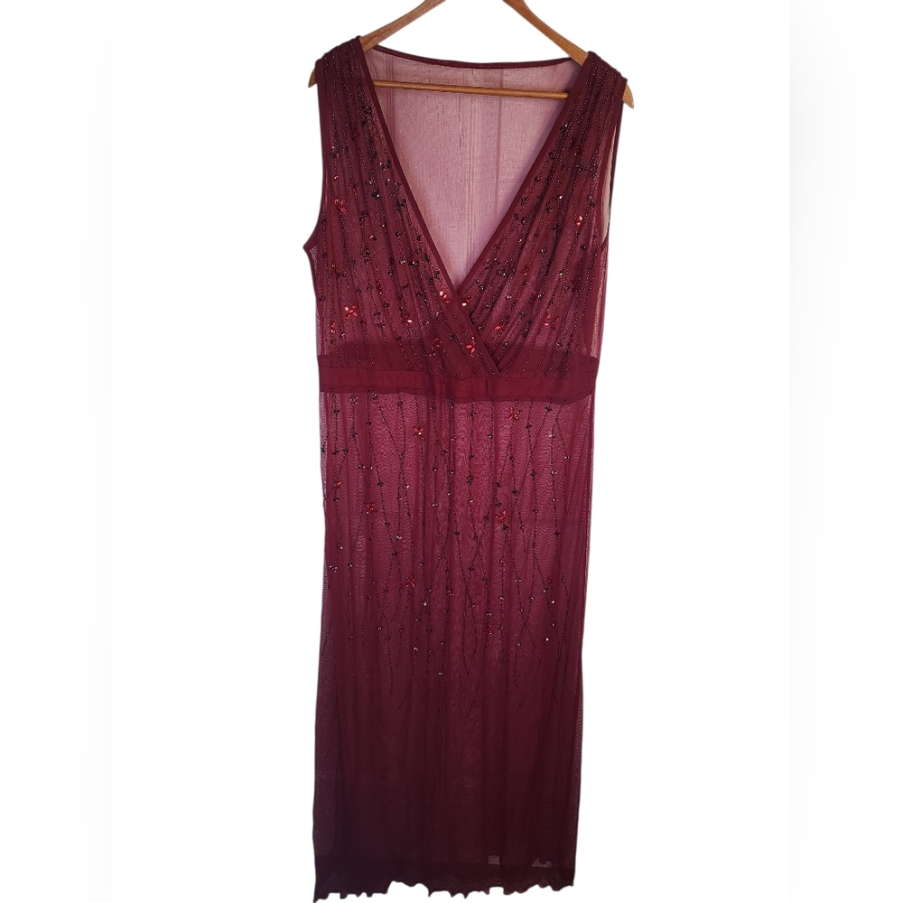 Vintage Sheer Beaded Mesh Burgundy Evening Gown Maxi Dress Floor Length